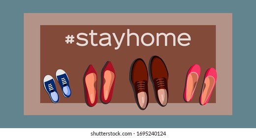 Stay home motivational banner. Shoes on the carpet before leaving the house. The concept of taking off shoes as a call is at home. Top view