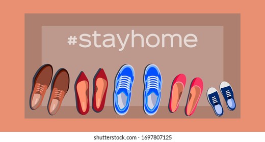 Stay home motivational banner. Shoes on the carpet before leaving the house. The concept of taking off shoes as a call is at home. Top view