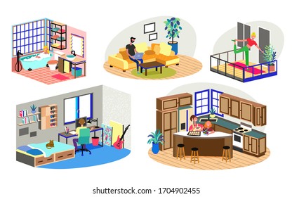 Stay Home Motivational Set. People Staying Home Due To Quarantine. Working, Doing Yoga, Cooking And Studying.