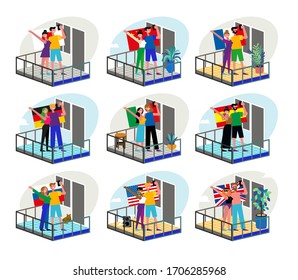 Stay Home Motivational Set. People In Balconies Staying Home Due To Quarantine With Flags: Japan, USA, China, France, Germany, Italy,Spain, Russia, Great Britain.
