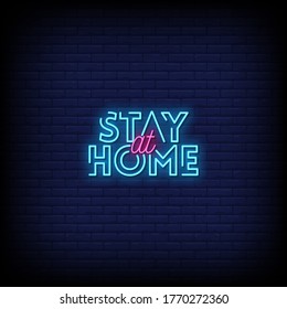 Mantente en casa Neon Signs Style Vector de texto