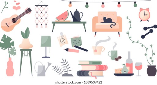 Stay home objects set as social distancing associative elements collection. Visual assets and resources as isolated objects for cozy house design for covid-19 pandemic remote work vector illustration.