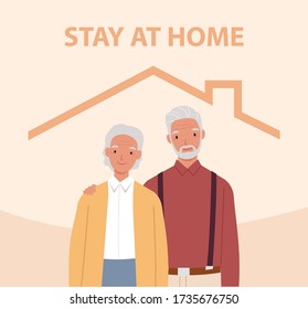 Stay home. Old man and woman inside the house. Concept for controlling the disease in 2019-nCov. Vector illustration in a flat style