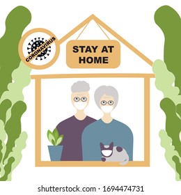 Stay at home older people, family consept, Self Quarantine Coronavirus Pandemic sign. Elderly couple in white medical face mask, quarantine coronavirus  2019-nCoV, covid-19