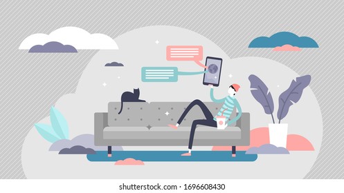 Bleiben Sie zu Hause auf einem Sofa und sozial distanzierte Lifestyle-Vektorillustration Illustration in flach winzigen Personen Konzept. Soziale Online-Medien, Nachrichten, Unterhaltungsdienste. 