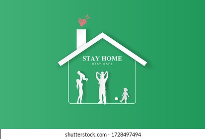 Stay Home On Eco Environment Background.stay Safe With Home Icon Against Virus.Happy Family Concept Of Quarantine And Stay At Home. COVID-19 Awareness.Space For Your Text Banner Website Vector