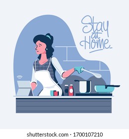 Stay Home on Quarantine During the Coronavirus Epidemic. Woman enjoy cooking at kitchen