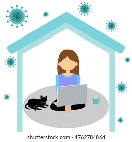 Stay Home on Quarantine During the Coronavirus Epidemic. Girl study from home. Vector Illustration