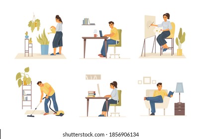 Stay home on quarantine. Man and woman are sitting at home, working online, cleaning house, vacuuming, watering flowers, doing creative work. Self isolation concept vector