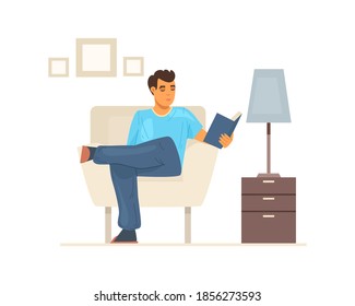 Stay home on quarantine. People sitting at their home room or apartment. Young man sitting in cozy living room in an armchair and reading book. Self isolation concept vector illustration