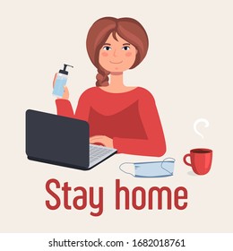 stay home on quarantine. woman freelancer working on laptop with mask and antiseptic. Work Home. Vector illustration
