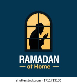 Stay Home on Ramadan Month. Awareness social media campaign and Coronavirus Covid-19 prevention. Praying and Reading Holy Quran at Home. Vector Illustration.