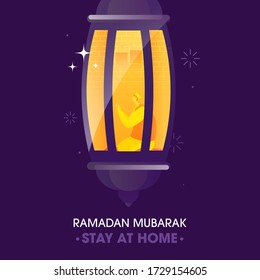 Stay At Home on Ramadan Mubarak Festival and Muslim Man Offering Namaz in Arabic Lantern.