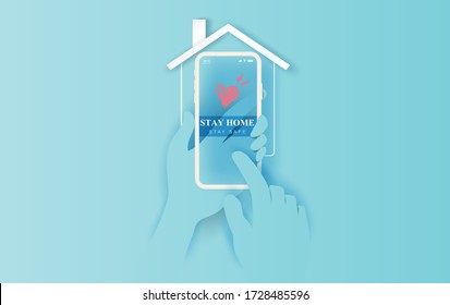 Stay home on smartphone background.stay safe home icon against virus. concept of quarantine and stay at home.hand with mobile phone COVID-19 Awareness.Space for your text banner website simple vector 