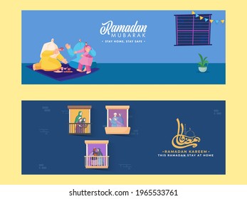 Stay At Home On This Ramadan Festival Concept With Muslim People Character On Blue Background In Two Options. Header Or Banner Design.