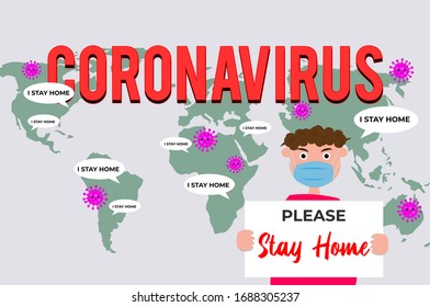 Stay home on Warning COVID 19 banner. Coronavirus campaign logo. Virus prevention concept. Stay Safe on Quarantine.
