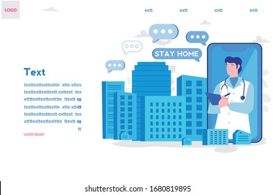 Stay home, online consultation with doctor. Doctor  in mobile  in big city. Vector illustration for web banner, infographics, mobile, Quarantine coronavirus, COVID-19