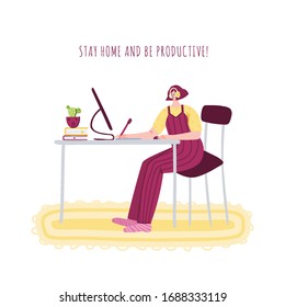 Stay home and online education concept during quarantine by coronavirus covid-19 - girl in headphones with laptop at home in room at her desk studying online course - vector isolated illustration