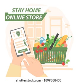 Stay home, online store, contactless delivery service. The grocery basket is located next to the door to the house. Online delivery, quarantine concept. Flat vector illustration.
