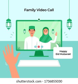 Stay Home Online Video Call With Family Use Pc Computer For Eid Mubarak Islamic Festival Celebration During Covid 19 Pandemic Vector Flat Illustration