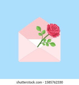 Stay Home. Open envelope with card and rose. Vector illustration