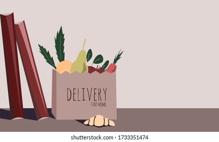 Stay At Home, Order Home Delivery. Food Delivery. Paper Bag With Food. Home Delivery Of Products.