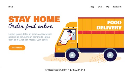 Stay home and order food online header for website banner design, cartoon vector illustration. Safe contactless delivery services landing page design with cargo truck.