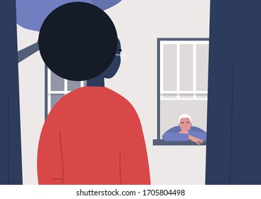 Stay at home order, two neighbours looking at each other through the window, boredom