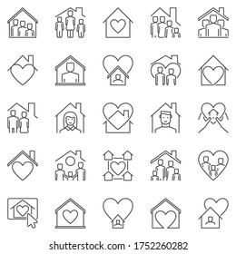 Stay Home outline icons set. Vector House with People and Heart concept line symbols or design elements