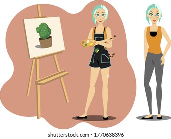 Stay home and paint. Young woman with brush paints picture with сactus on canvas. People do creativity, drawing hobby. Do not stop studying during isolation. Vector flat illustration isolated.