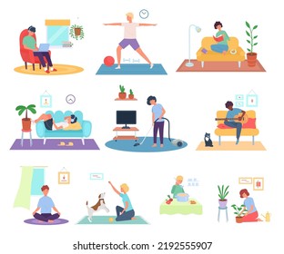 Stay home. Pandemic quarantine work and life. Persons activities set. Guy doing relaxing yoga exercises or meditating. Man playing guitar. Woman reading in room. Vector flat illustration