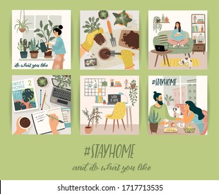 Stay at home. People stay in cozy house. Vector illustrations. Concept for self-isolation during quarantine and other use.