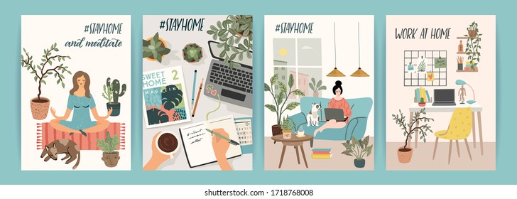 Stay at home. People stay in cozy house. Vector illustrations. Concept for self-isolation during quarantine and other use.