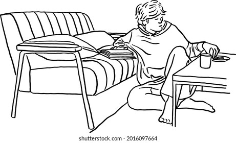 Quédese en casa Personas leyendo libro en Sofa relajar estilo de vida Hombre en casa Dibujo de líneas de la mano Ilustración