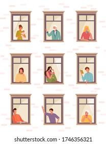 Stay Home People Self Isolation . People Life In Quarantine Open Windows Guy Listens Music Reads Book Greets Woman Child Girl Drinks Coffee Speaks Phone, Elderly People Look Outside. Clipart Vector.