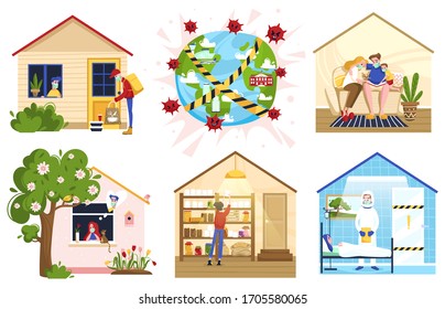 Stay at home people self-isolation quarantine work at home vector illustration. Social distance. People do cleaning, their favorite hobby, spend time with family. Masked people covid virus protected.