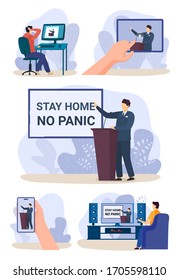 Stay at home people self-isolation quarantine work at home vector illustration. Social distance. People do cleaning, their favorite hobby, spend time with family. Masked people covid virus protected.