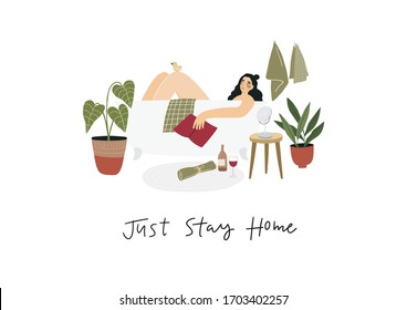Stay Home people - vector illustration in flat style. Young woman at home, many plants and flowers relaxing on sofa, reading books. Quarantine, stay at home vector print
