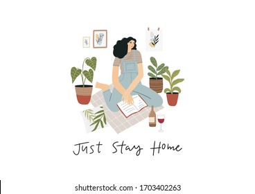 Stay Home people - vector illustration in flat style. Young woman at home, many plants and flowers relaxing on sofa, reading books. Quarantine, stay at home vector print