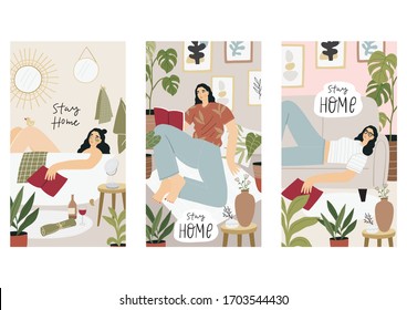 Stay Home - ilustración vectorial en estilo plano. Mujer joven en casa, muchas plantas y flores relajándose en el sofá, leyendo libros. Cuarentena, permanezca en la impresión de vectores domésticos