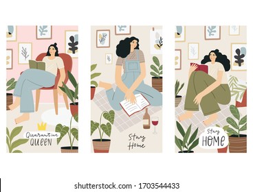 Stay Home people - vector illustration in flat style. Young woman at home, many plants and flowers relaxing on sofa, reading books. Quarantine, stay at home vector print