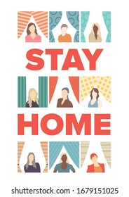 "STAY HOME", people in windows. Concept of quarantine, pandemic, attention. EPS 10.