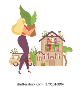 Stay home and plant greenery at home motivational isolated on white vector illustration. Woman brings plant in pot to house decorated with greenery. Houseplants , home garden at carantine.
