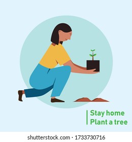 Stay home, Plant a tree vector background. Home gardening vector art. Things you can do while stay home at this pandemic situation. Life at home vector. 