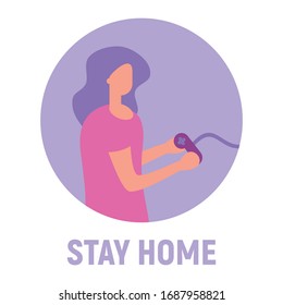 Stay home and play games. Vector concept with woman on quarantine and self isolation playing games