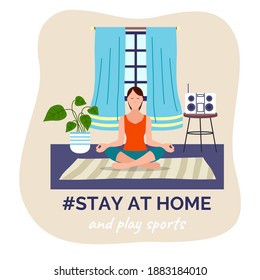 Stay at home and play sports. Meditating, woman in lotus pose practicing yoga exercise, listening music at musical centre. Keep calm and enjoy life. Quarantine self-isolation at home. Don't panic