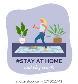 Stay at home and play sports. Quarantine self-isolation during spreading covid-19. Woman making sport fitness exercises with dumbbells, stand. Home gym. Healthy energy lifestyle, lose weight