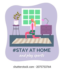 Stay at home and play sports. Quarantine self-isolation during spreading covid-19. Girl doing lunges with dumbbells. Girl making sport exercises, fitness training. Home gym. Healthy energy lifestyle