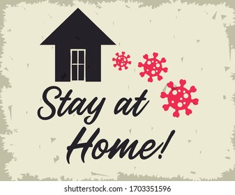 stay at home poster campaign with covid19 particles and house vector illustration design