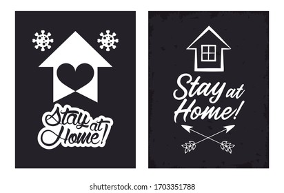 stay at home poster campaign with covid19 particles and house vector illustration design